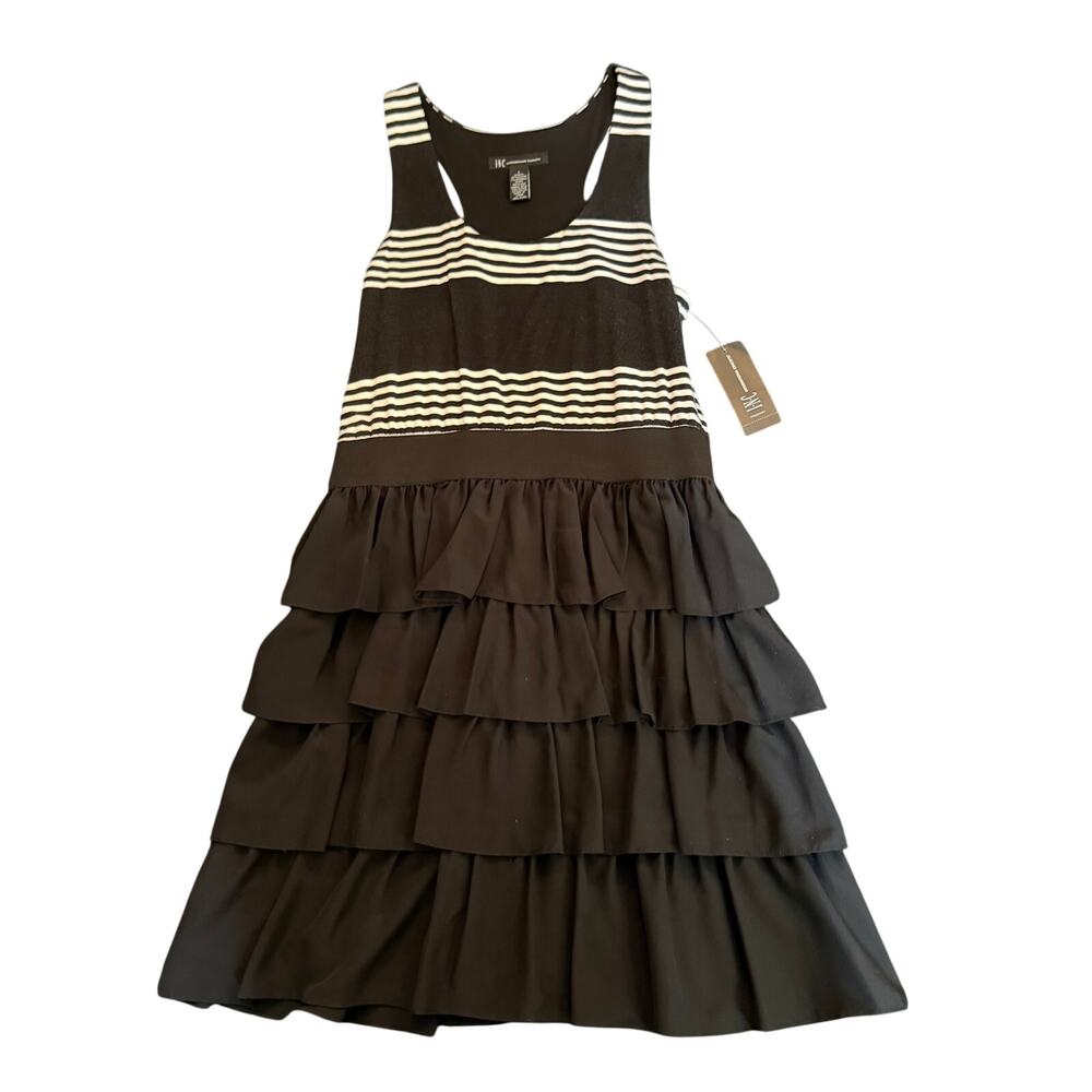 INC International Concepts Black Silk Tiered Ruffle Striped Dress NWT Size L